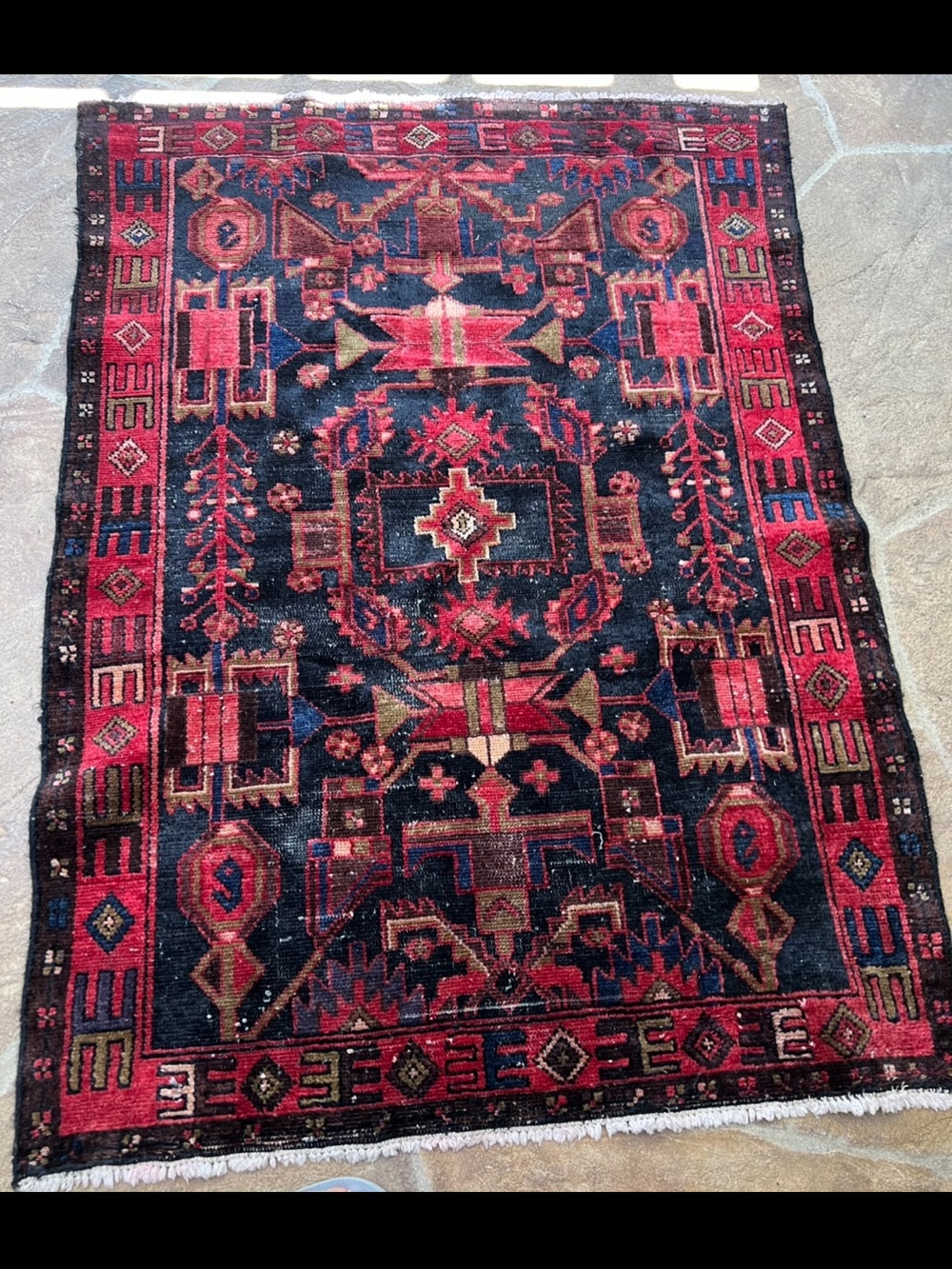 Handwoven Geometric Area Rug - Deep Navy & Rich Red
